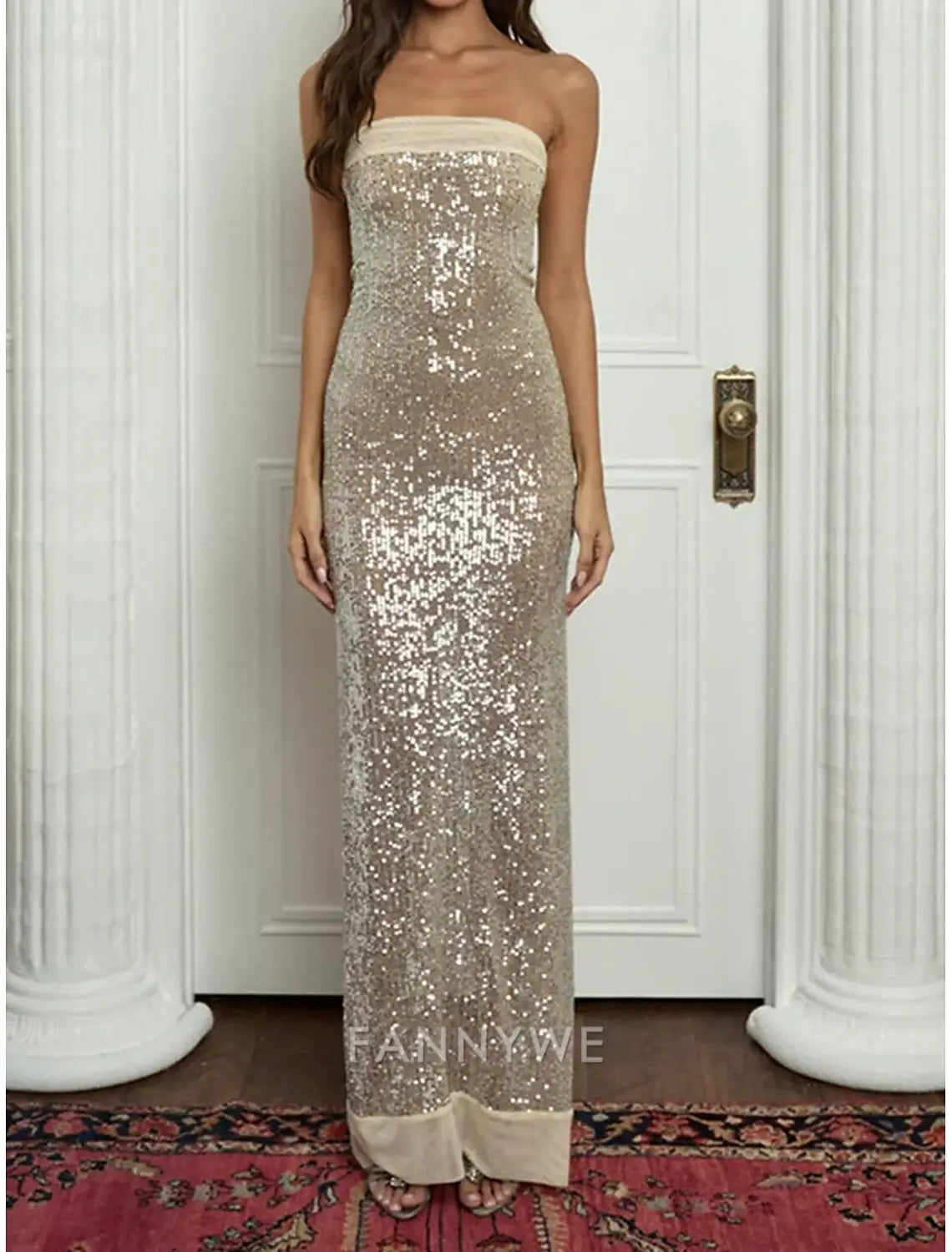 FannyWe Vestidos de quinceañera sencillos de sirena/trompeta Vestido elegante Boda Invitada de boda Largo hasta el suelo Sin mangas Sin tirantes Tul Sin espalda con abertura de lentejuelas