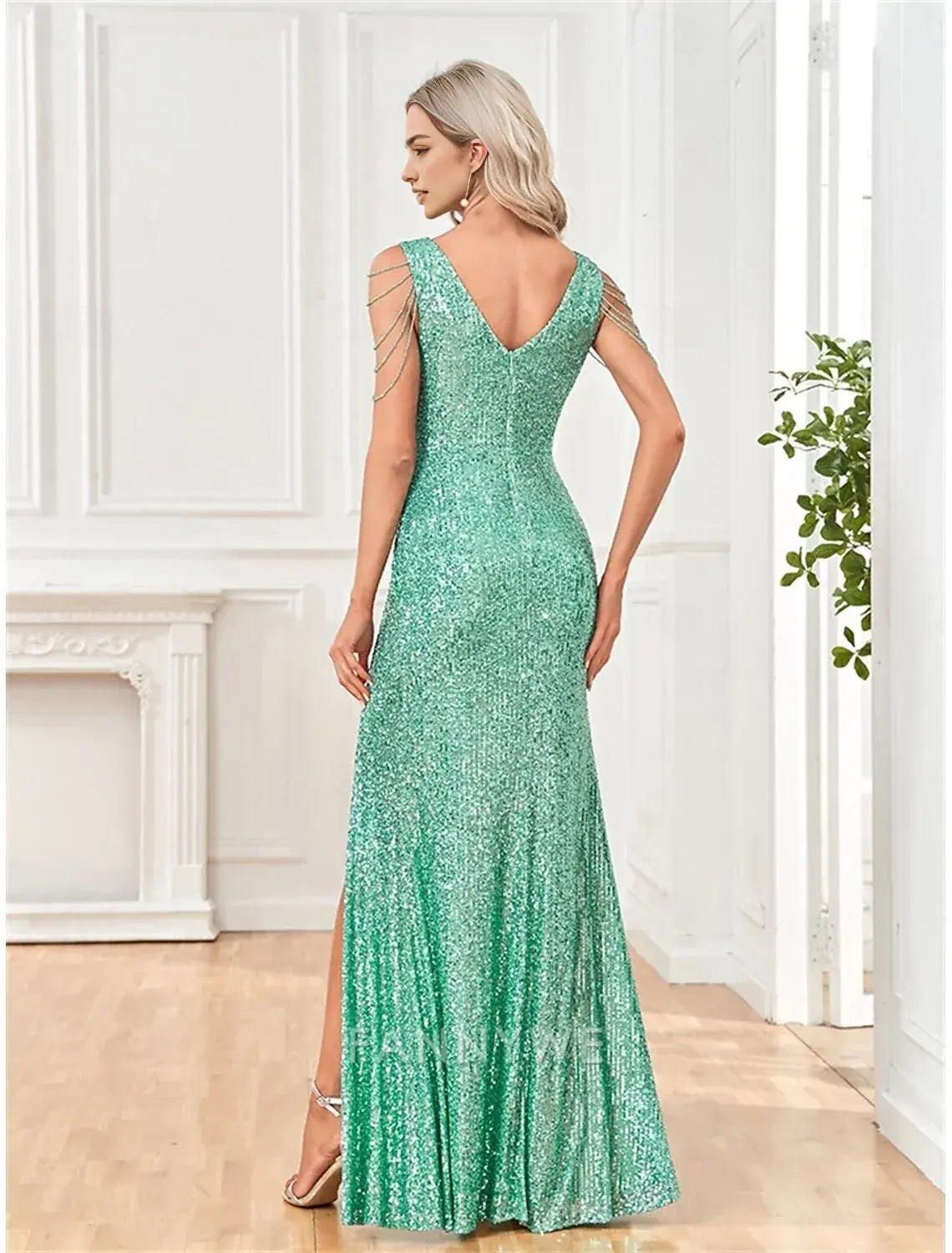 FannyWe Vestidos de quinceañera sencillos de sirena/trompeta Vestido elegante para boda Invitada de boda Largo hasta el suelo Sin mangas Cuello en V Poliéster con lentejuelas
