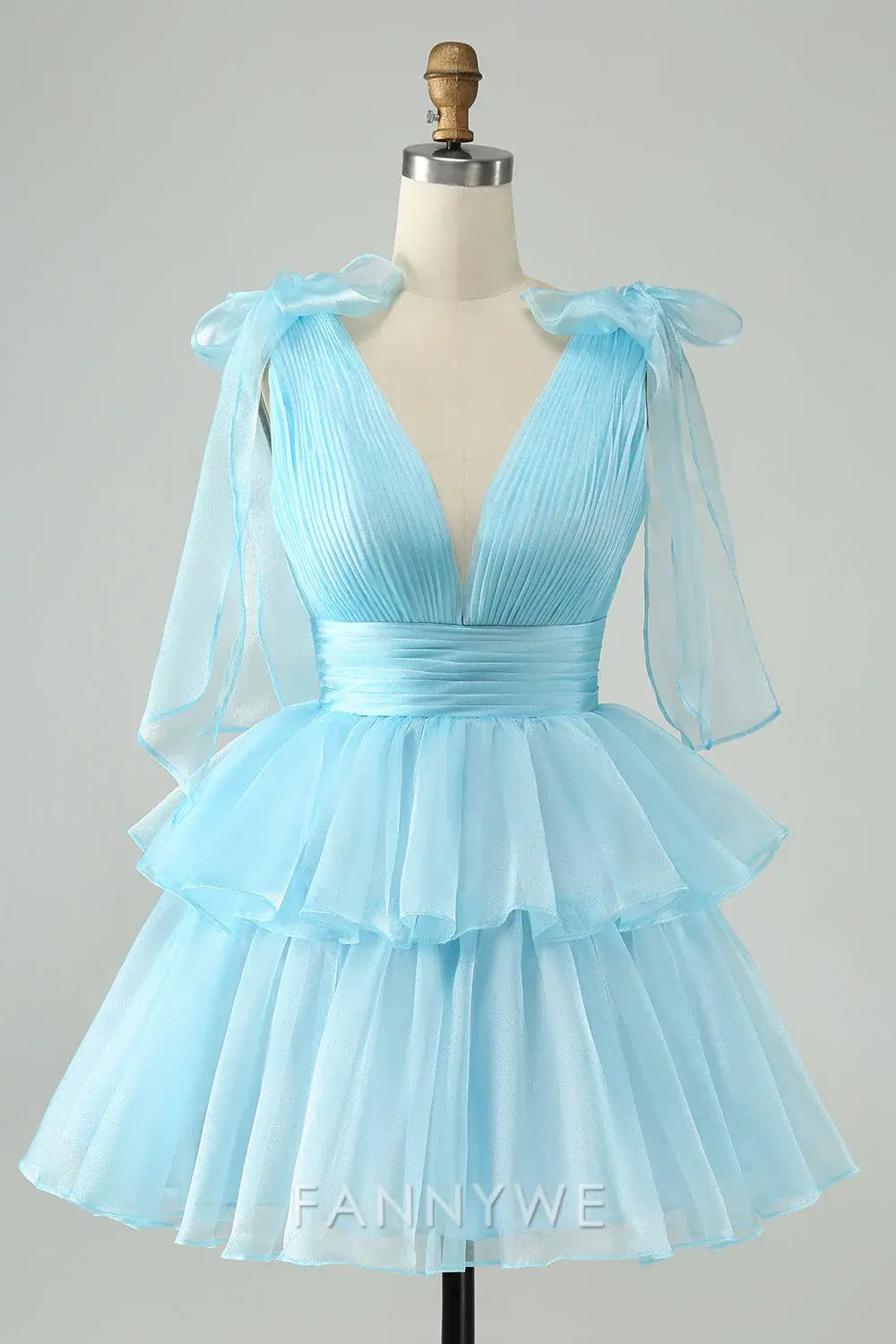 FannyWe Simple Sky Blue A Line V Neck Pleated Tiered Short Homecoming Dress