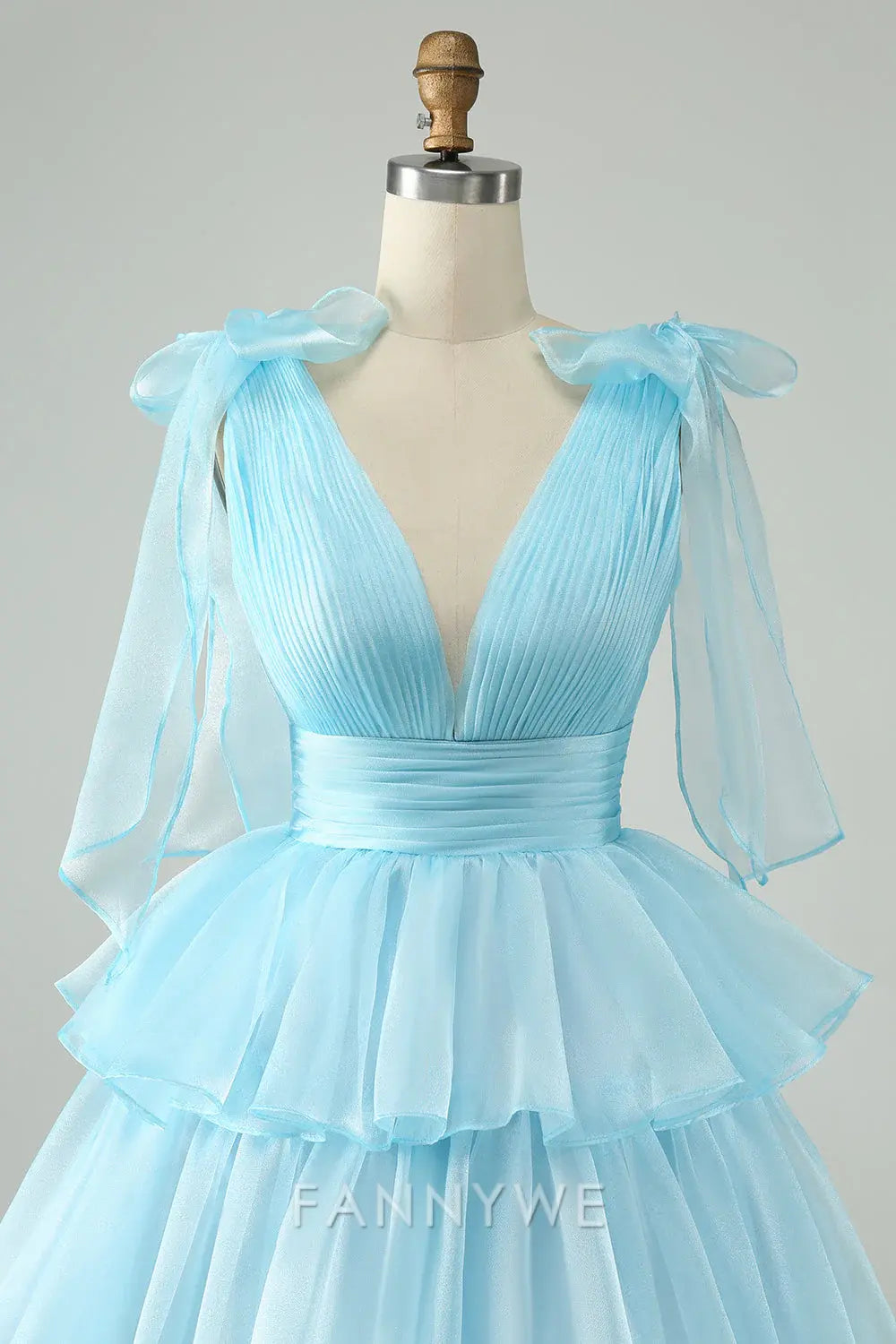 FannyWe Simple Sky Blue A Line V Neck Pleated Tiered Short Homecoming Dress