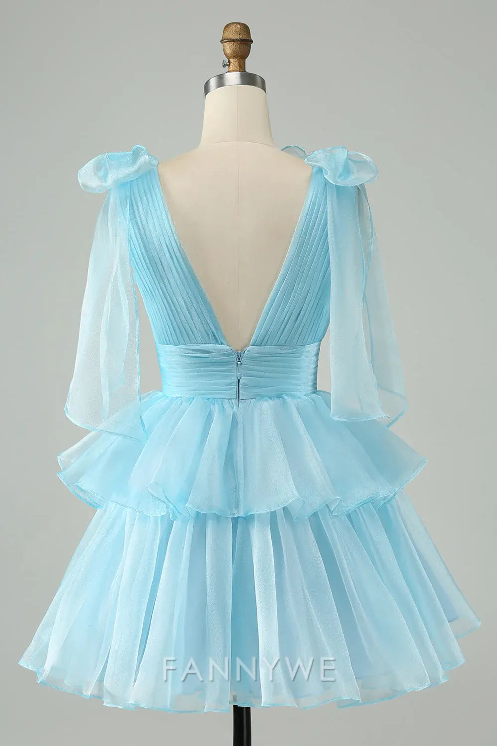 FannyWe Simple Sky Blue A Line V Neck Pleated Tiered Short Homecoming Dress
