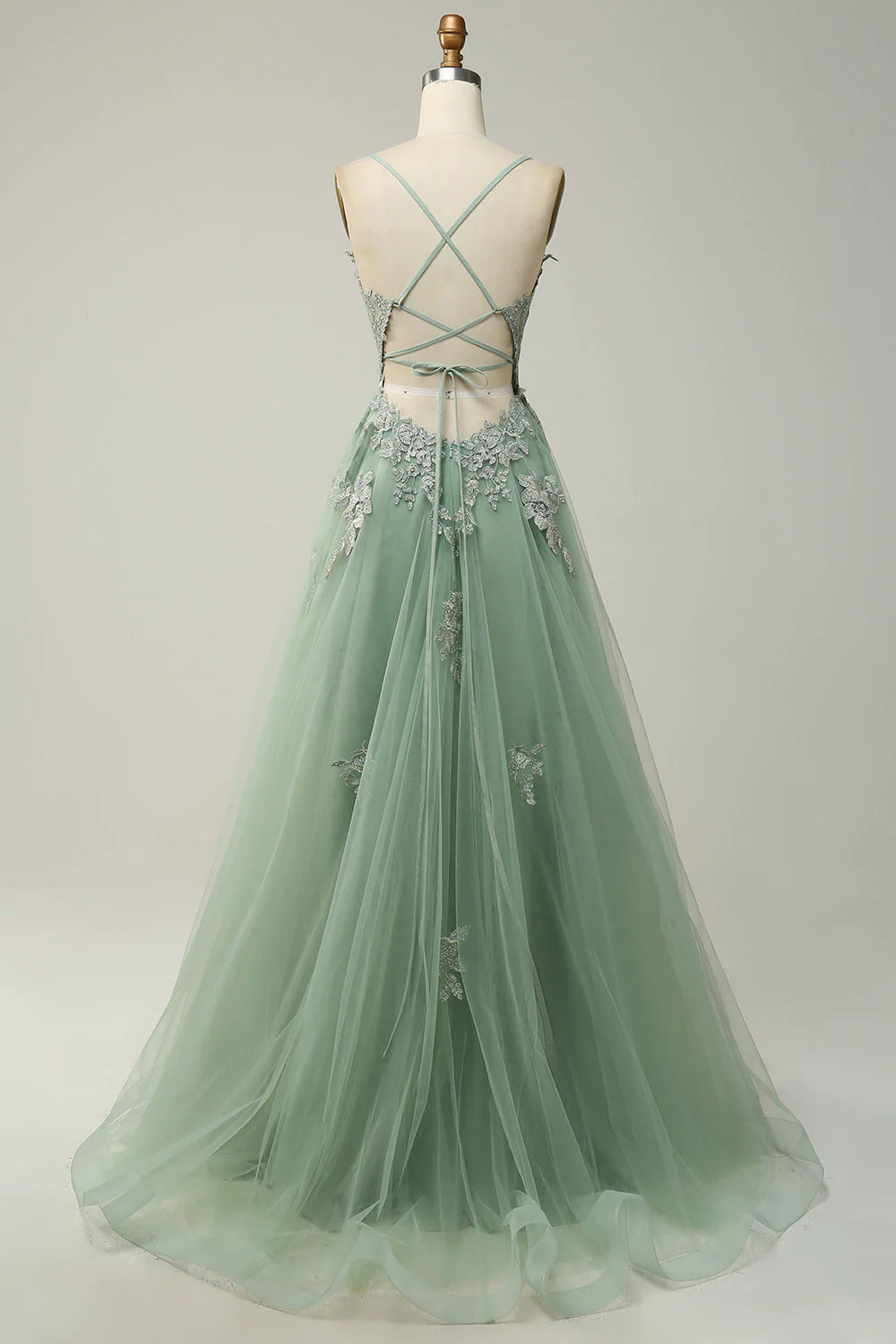 A Line Spaghetti Straps Green Long Prom Dress with Criss Cross Back