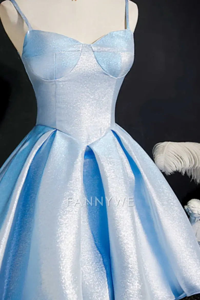 FannyWe Simple Glitter Blue Straps Lace-Up Short Party Dress formal wear dresses