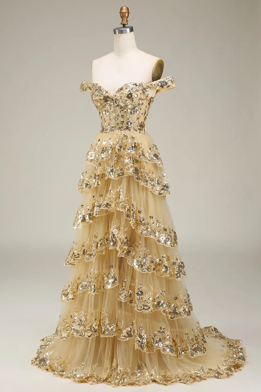 A-Line Sparkly Off The Shoulder Prom Dress with Sequin And Split