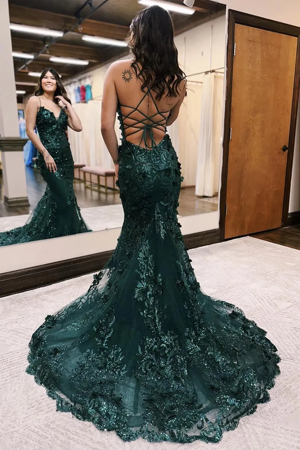 Spaghetti Straps Lace Up Long Prom Dress With Appliques