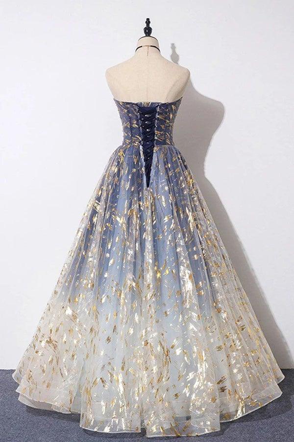 A Line Floral Print Tulle Strapless Long Prom Dress