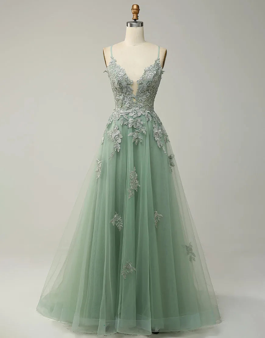 A-Linie Tüll Spaghettiträger Applikationen Langes Ballkleid mit Schlitz