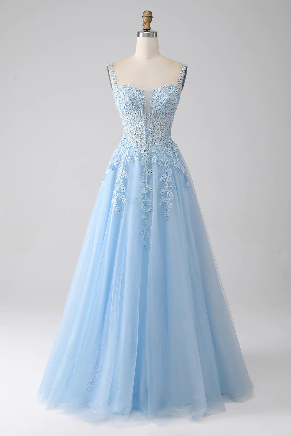 Vestido de fiesta azul claro con corsé y apliques en forma de A