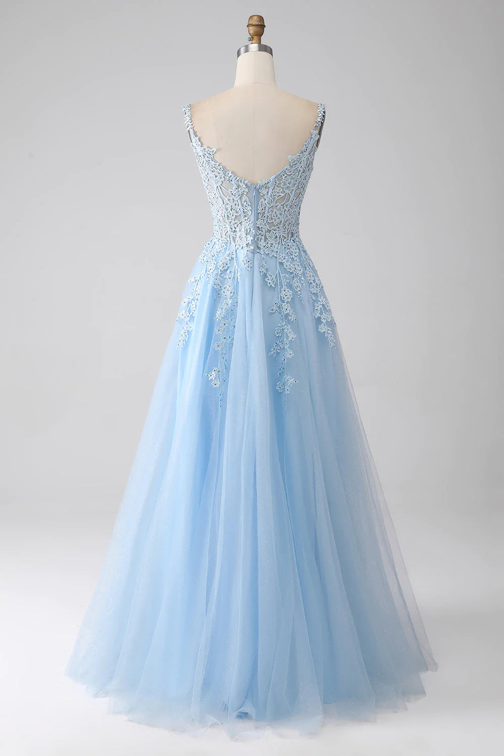 Vestido de fiesta azul claro con corsé y apliques en forma de A