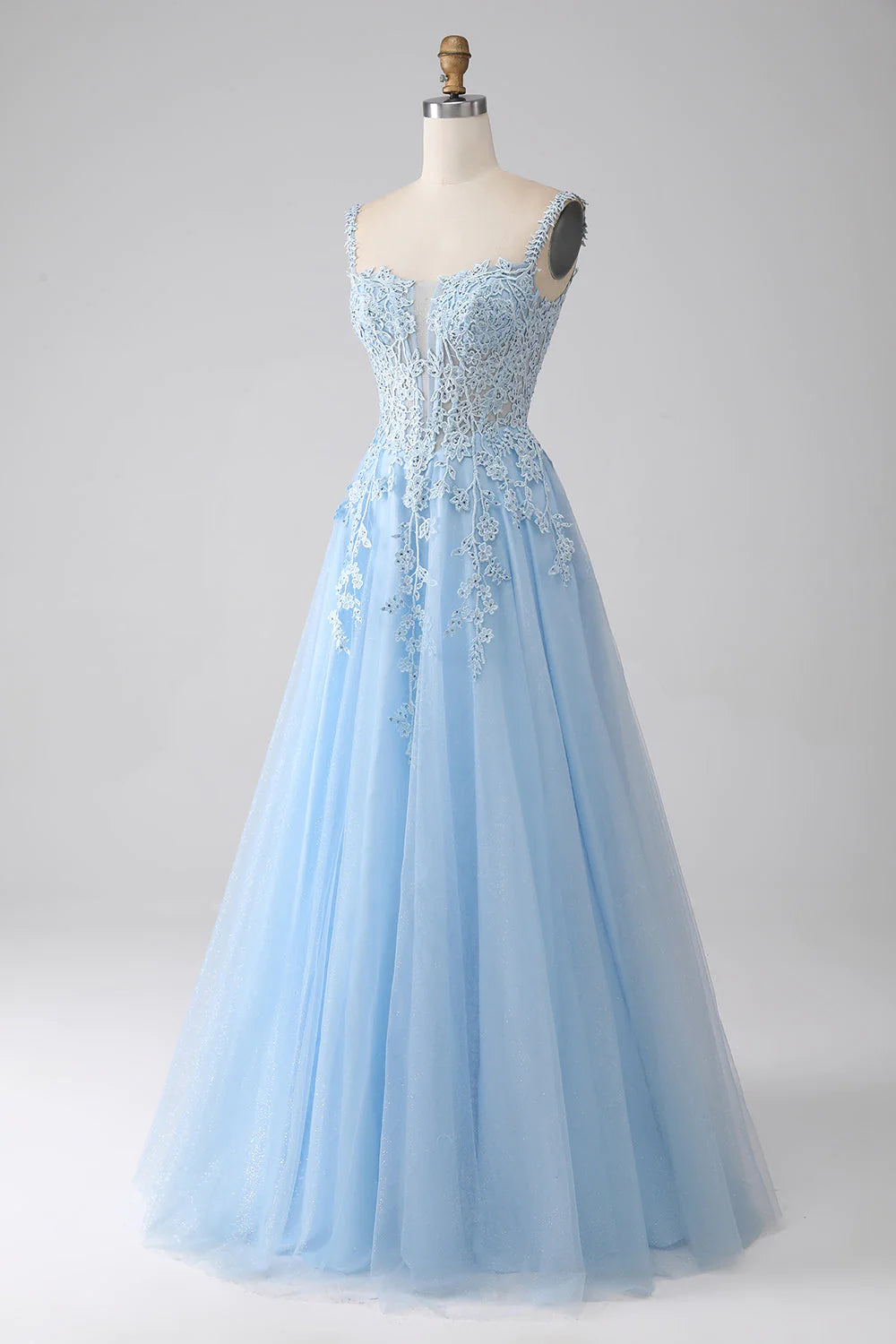 Vestido de fiesta azul claro con corsé y apliques en forma de A