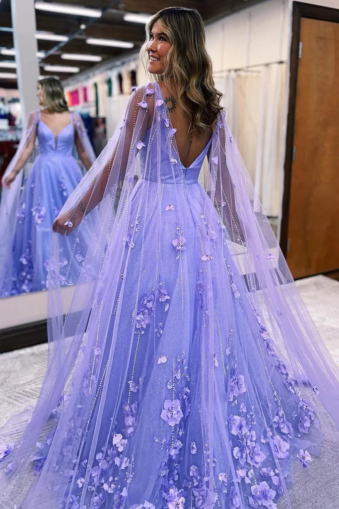 A Line Sleeves 3D Floral Lace Long Prom Dresses