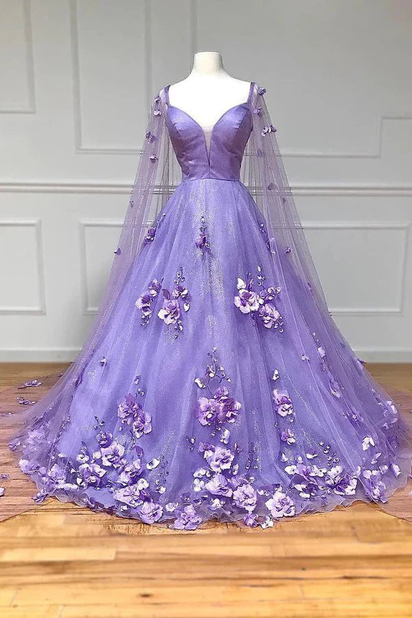 A Line Sleeves 3D Floral Lace Long Prom Dresses