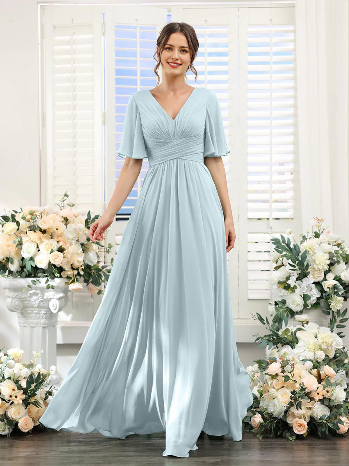 A-Linie V-Ausschnitt Ärmel Langes Chiffon Formelle Partykleider für Hochzeitsgäste Brautjungfernkleid