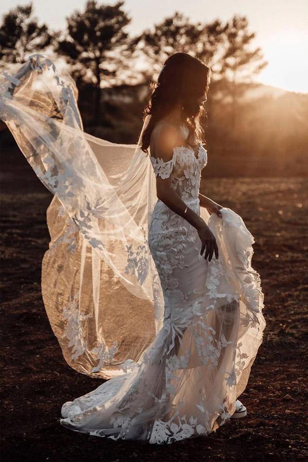 Mermaid Tulle Off The Wedding Dresses Shoulder With Applique Sweep Train