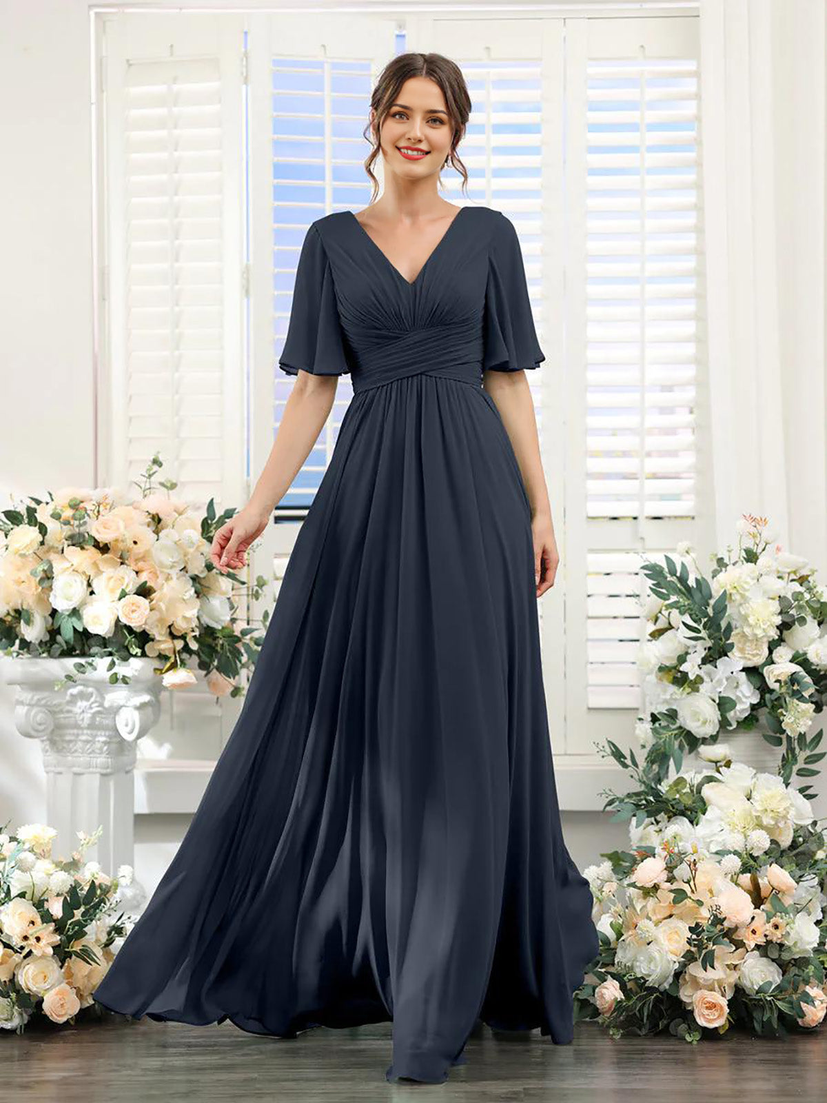 A-Linie V-Ausschnitt Ärmel Langes Chiffon Formelle Partykleider für Hochzeitsgäste Brautjungfernkleid