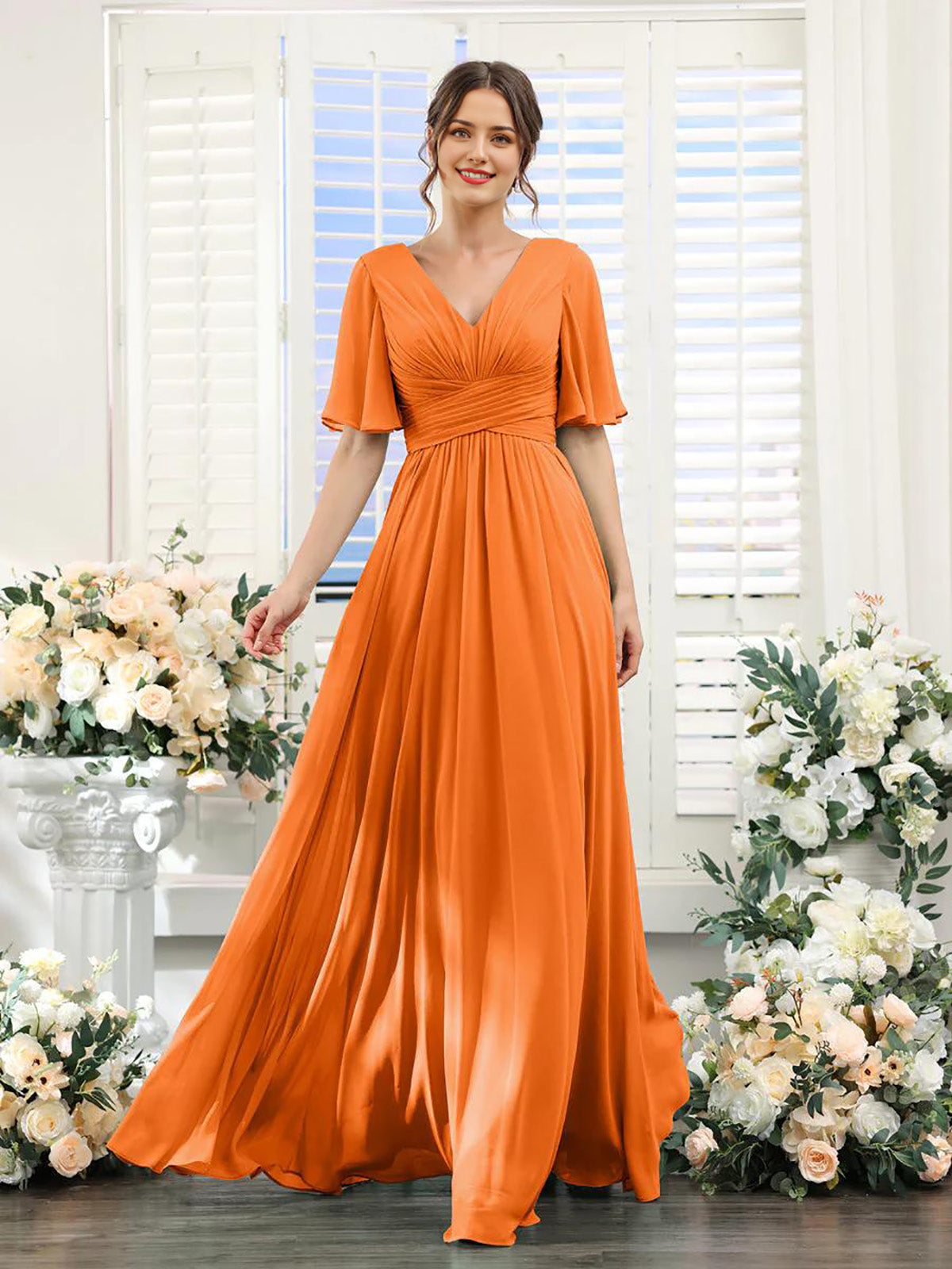 A-Linie V-Ausschnitt Ärmel Langes Chiffon Formelle Partykleider für Hochzeitsgäste Brautjungfernkleid