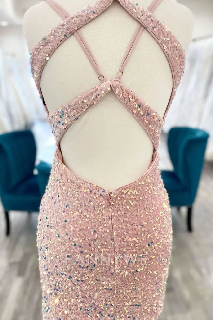 FannyWe Simple Pink Iridescent Sequin Lace-Up Short Homecoming Dress formal wear dresses