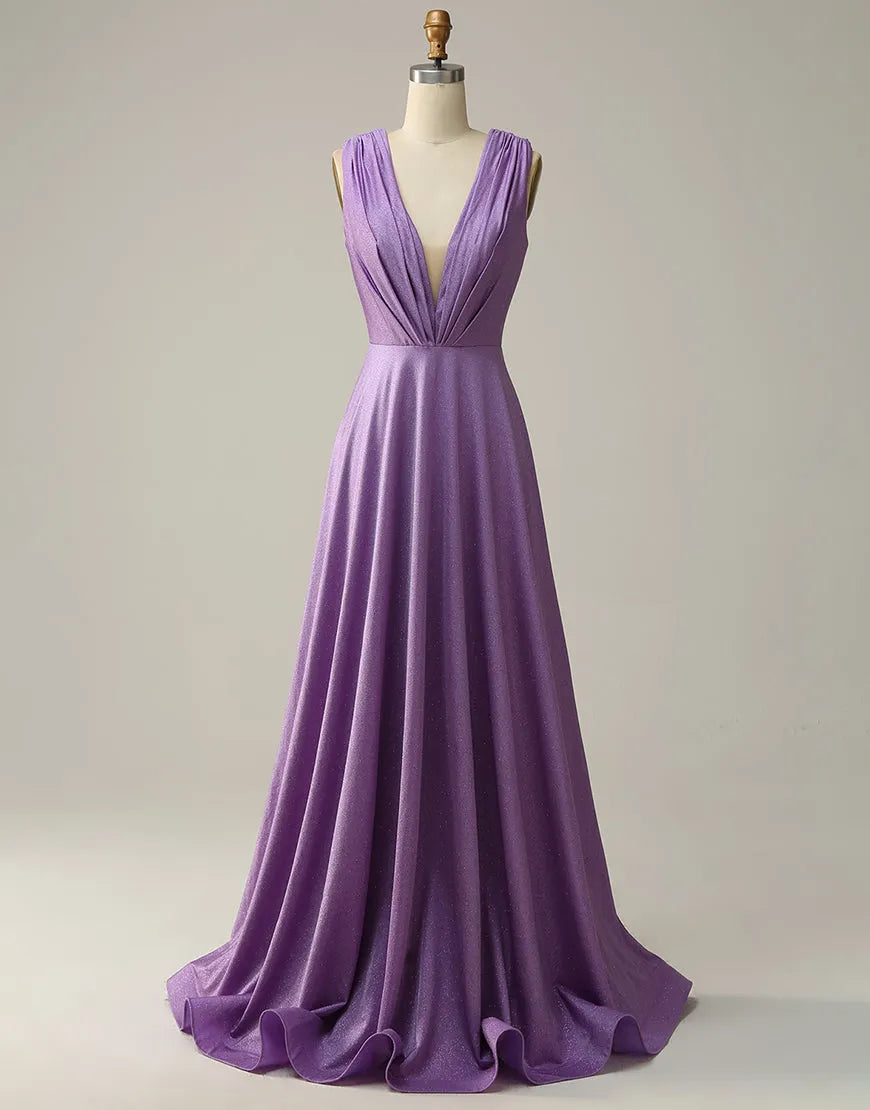 A-Linie, V-Ausschnitt, langes Glitzer-Ballkleid mit Plissee