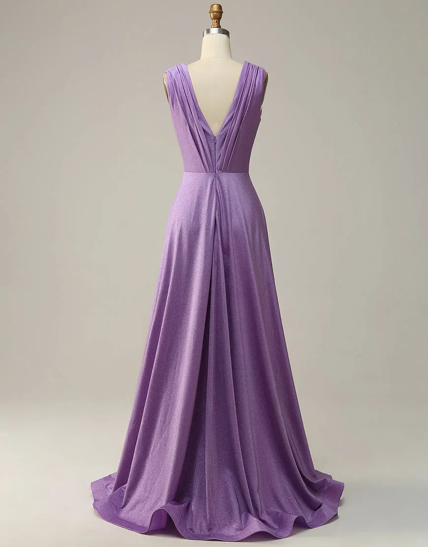 A-Linie, V-Ausschnitt, langes Glitzer-Ballkleid mit Plissee