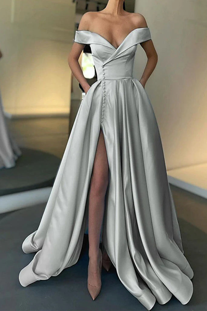 A-Line Long Off The Shoulder High Slit Satin Prom Dresses