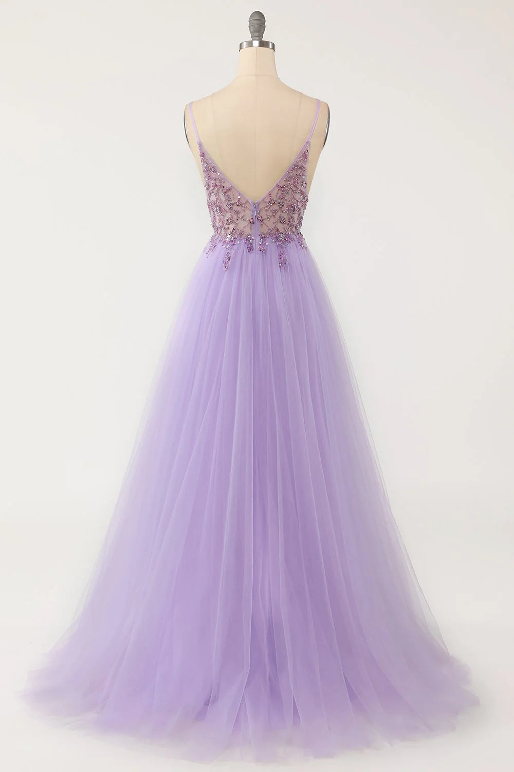 Tulle V Neck Lavender Long Beaded Sleeveless Prom Dresses