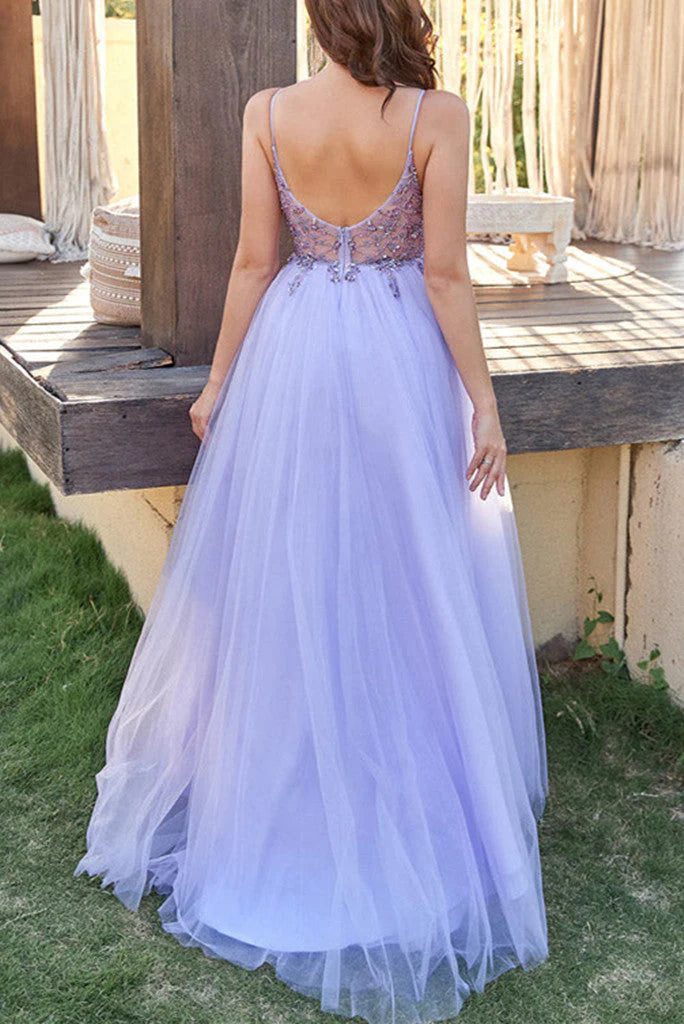 Tulle V Neck Lavender Long Beaded Sleeveless Prom Dresses
