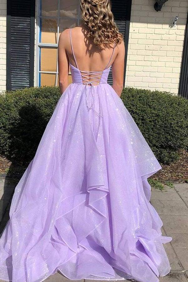A-Linie, schlichtes, langes Ballkleid aus Tüll mit V-Ausschnitt, lilafarbenes Abendkleid