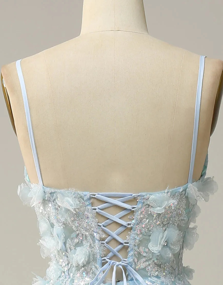 A-Line 3D Appliques Spaghetti Straps Tulle Prom Dress