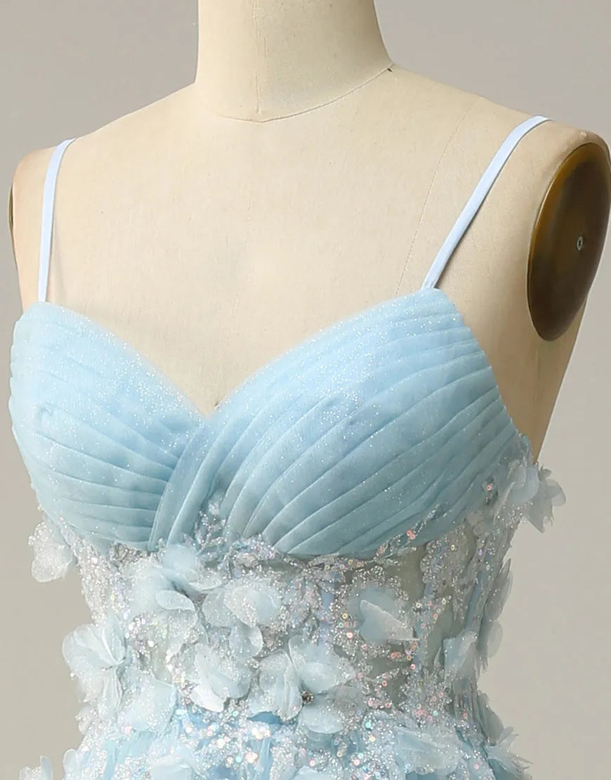 A-Line 3D Appliques Spaghetti Straps Tulle Prom Dress