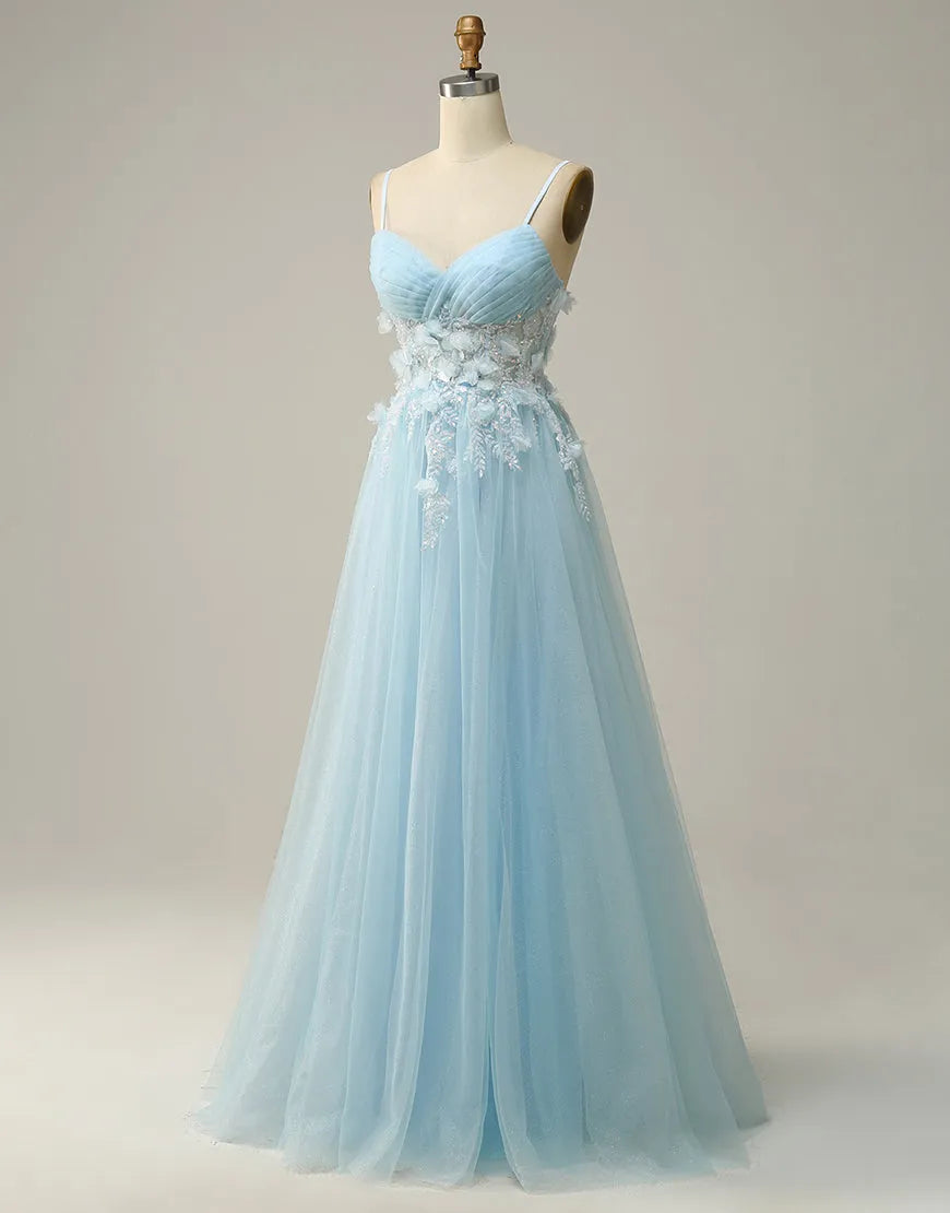 A-Line 3D Appliques Spaghetti Straps Tulle Prom Dress