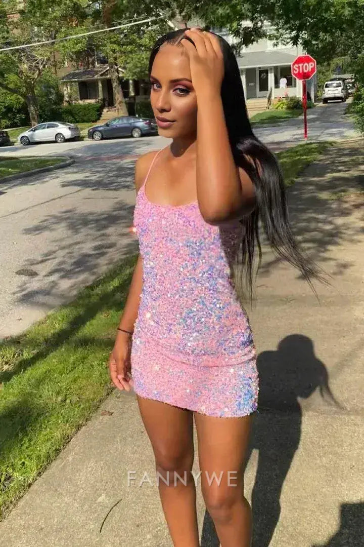 FannyWe Elegant Spaghetti Straps Pink Sequins Bodycon Homecoming Dress formal wear dresses