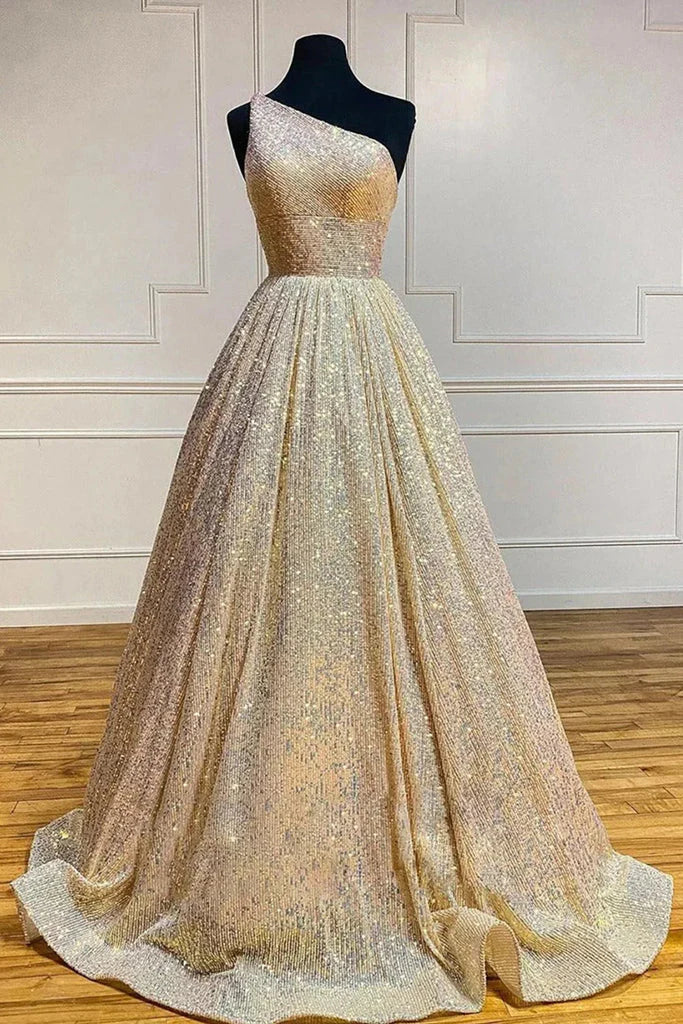 A Line Sparkly Plus Size One Shoulder Sequins Prom Dress