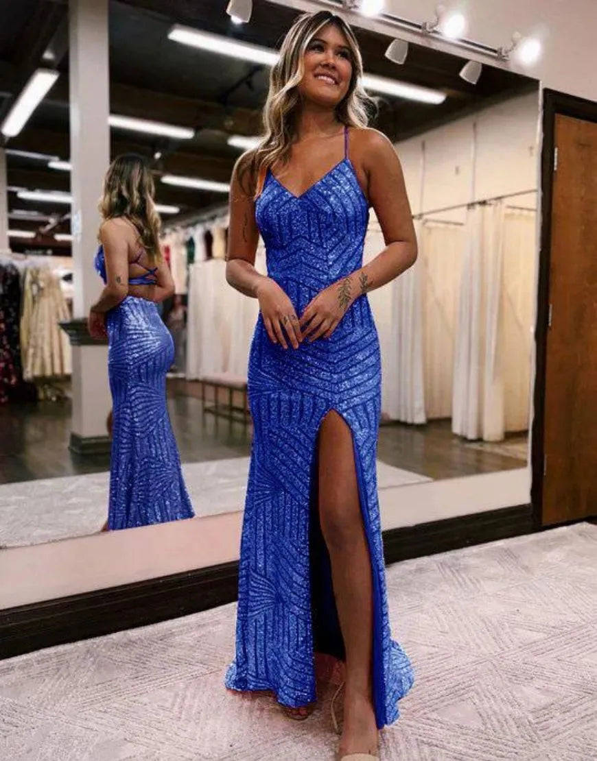 Langes Ball- und Partykleid mit glitzernden Pailletten und Schlitz