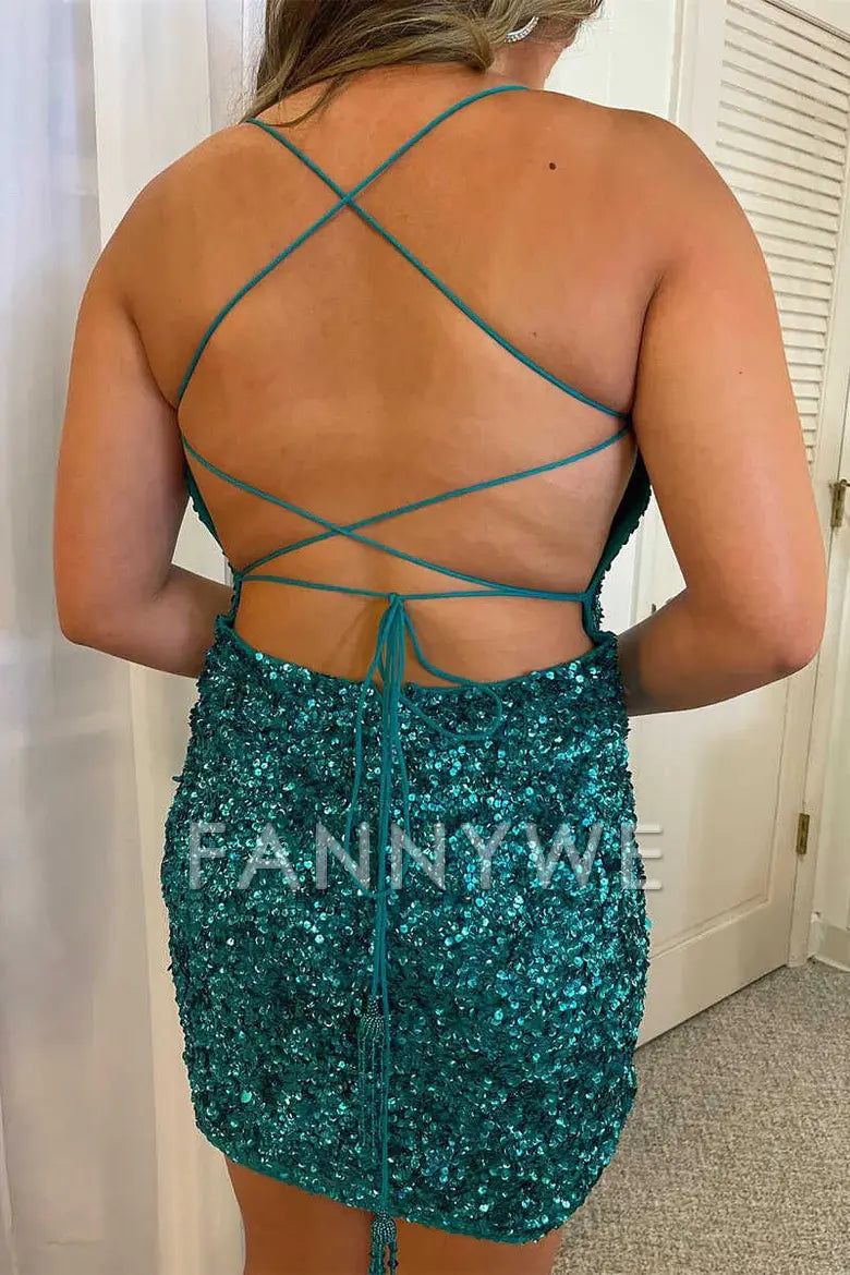 FannyWe Simple Teal Blue Sequin Lace-Up Mini Cocktail Dress formal wear dresses