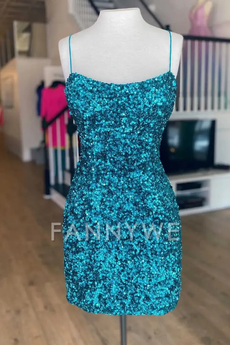 FannyWe Simple Teal Blue Sequin Lace-Up Mini Cocktail Dress formal wear dresses