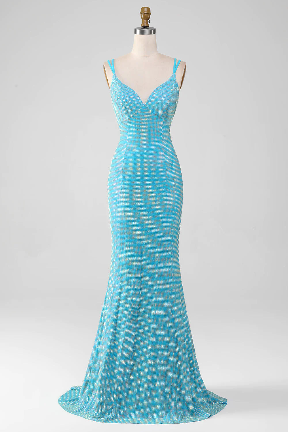 Funkelndes, türkisfarbenes Meerjungfrau-Abendkleid mit Spaghettiträgern und Perlenbesatz