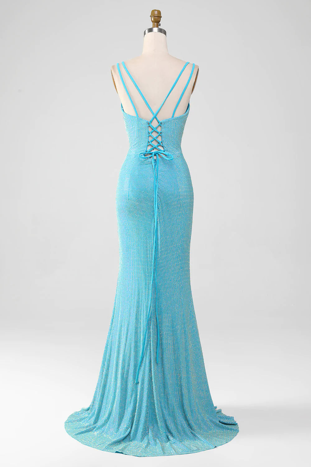 Funkelndes, türkisfarbenes Meerjungfrau-Abendkleid mit Spaghettiträgern und Perlenbesatz
