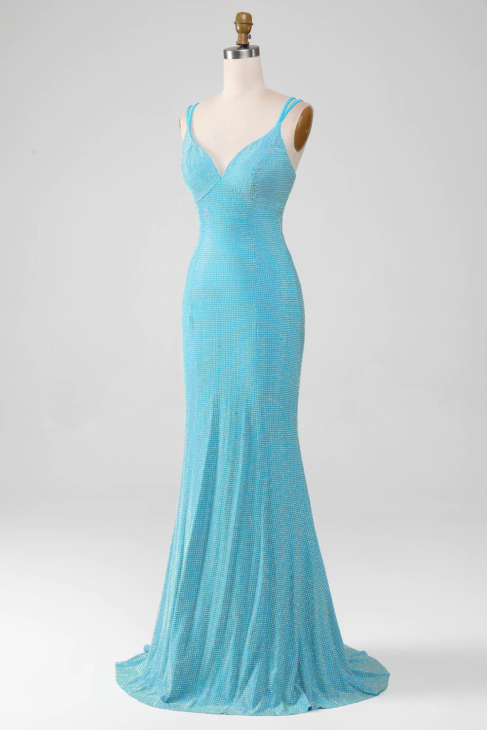 Funkelndes, türkisfarbenes Meerjungfrau-Abendkleid mit Spaghettiträgern und Perlenbesatz
