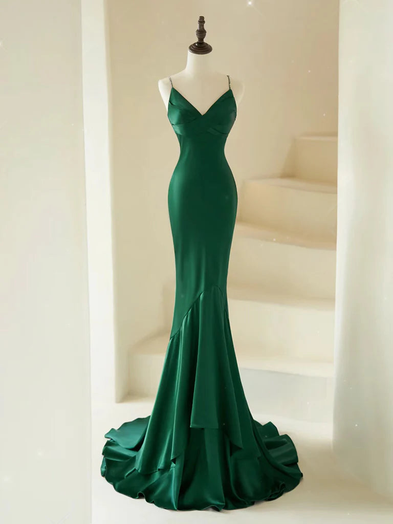 Vestido de fiesta largo de satén con escote en V y corte sirena