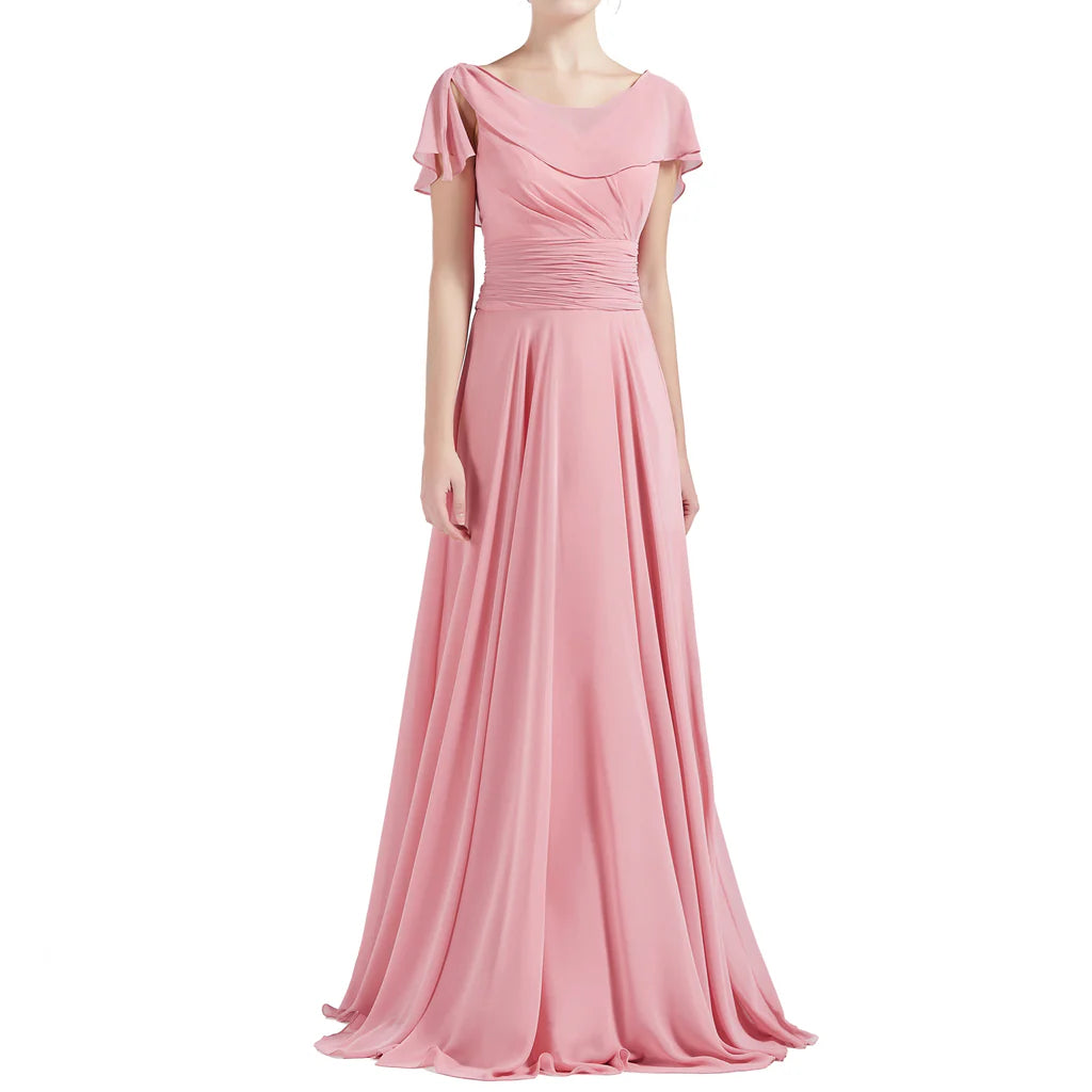 A Line Neck Ruffle Short Sleeves Wedding Bridesmaid Dresses