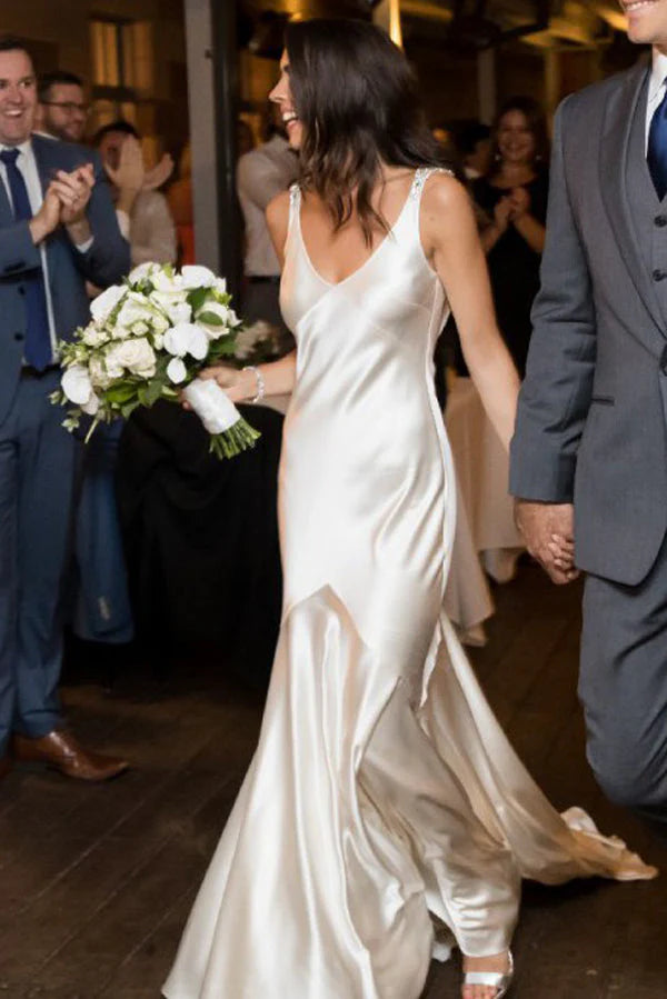 Beach V Neck Open Back Sweep Train Beading Silk Wedding Dresses