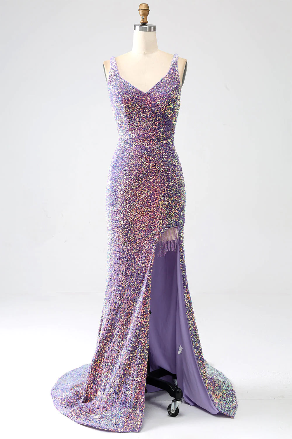 Glitzerndes Meerjungfrau-Ballkleid mit hellvioletten Pailletten und Schlitz