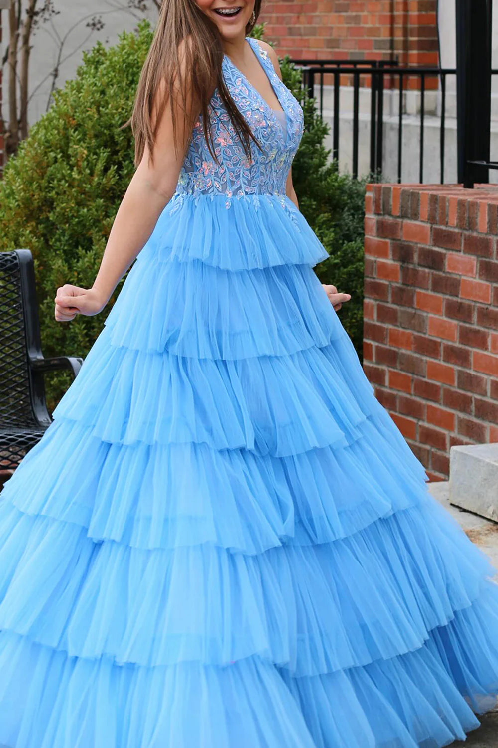 A Line V-Neck Long Tiered Prom Dress