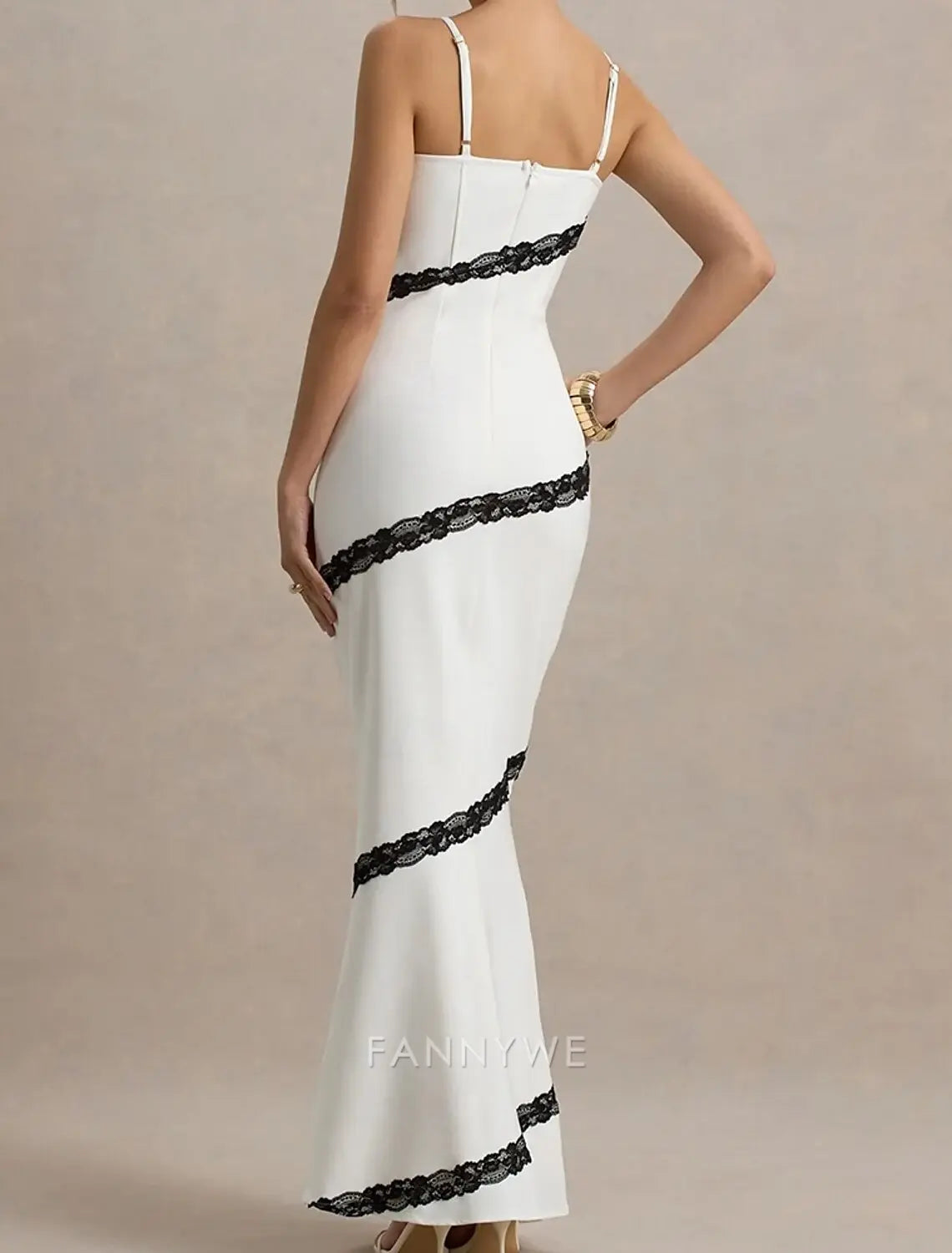 FannyWe - Vestido de fiesta elegante, sencillo, blanco, estilo sirena/trompeta, semiformal, para boda, largo hasta el suelo, sin mangas, con tirantes finos, de crepé elástico y apliques de encaje