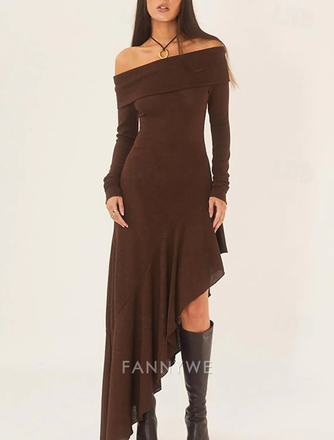 FannyWe Vestido largo sencillo para mujer Vestido maxi Vestido marrón Vestido de graduación Vestido de fiesta Vestido de moda Fiesta de noche Fiesta Regular Fit Liso Manga larga Hombros descubiertos Negro Blanco Marrón Verano