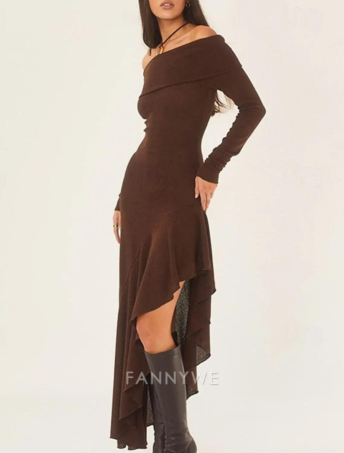 FannyWe Vestido largo sencillo para mujer Vestido maxi Vestido marrón Vestido de graduación Vestido de fiesta Vestido de moda Fiesta de noche Fiesta Regular Fit Liso Manga larga Hombros descubiertos Negro Blanco Marrón Verano