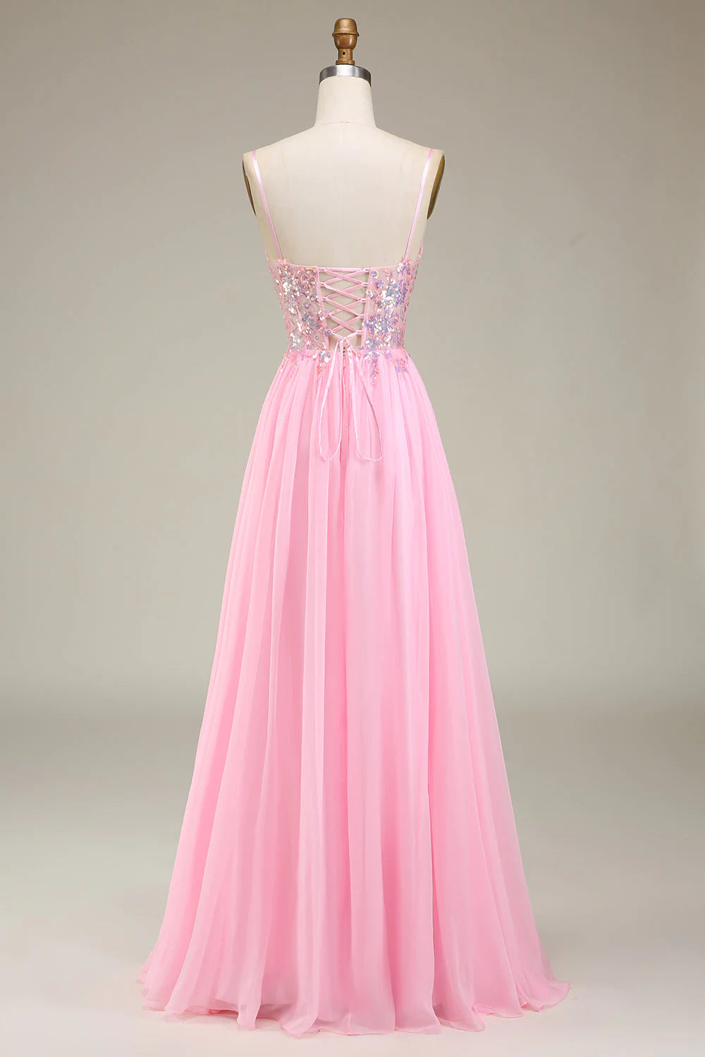 Vestido de fiesta de corte A con tirantes finos y corsé rosa plisado