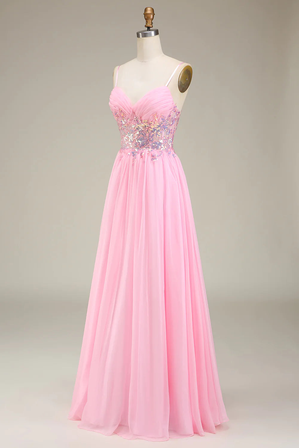 Vestido de fiesta de corte A con tirantes finos y corsé rosa plisado