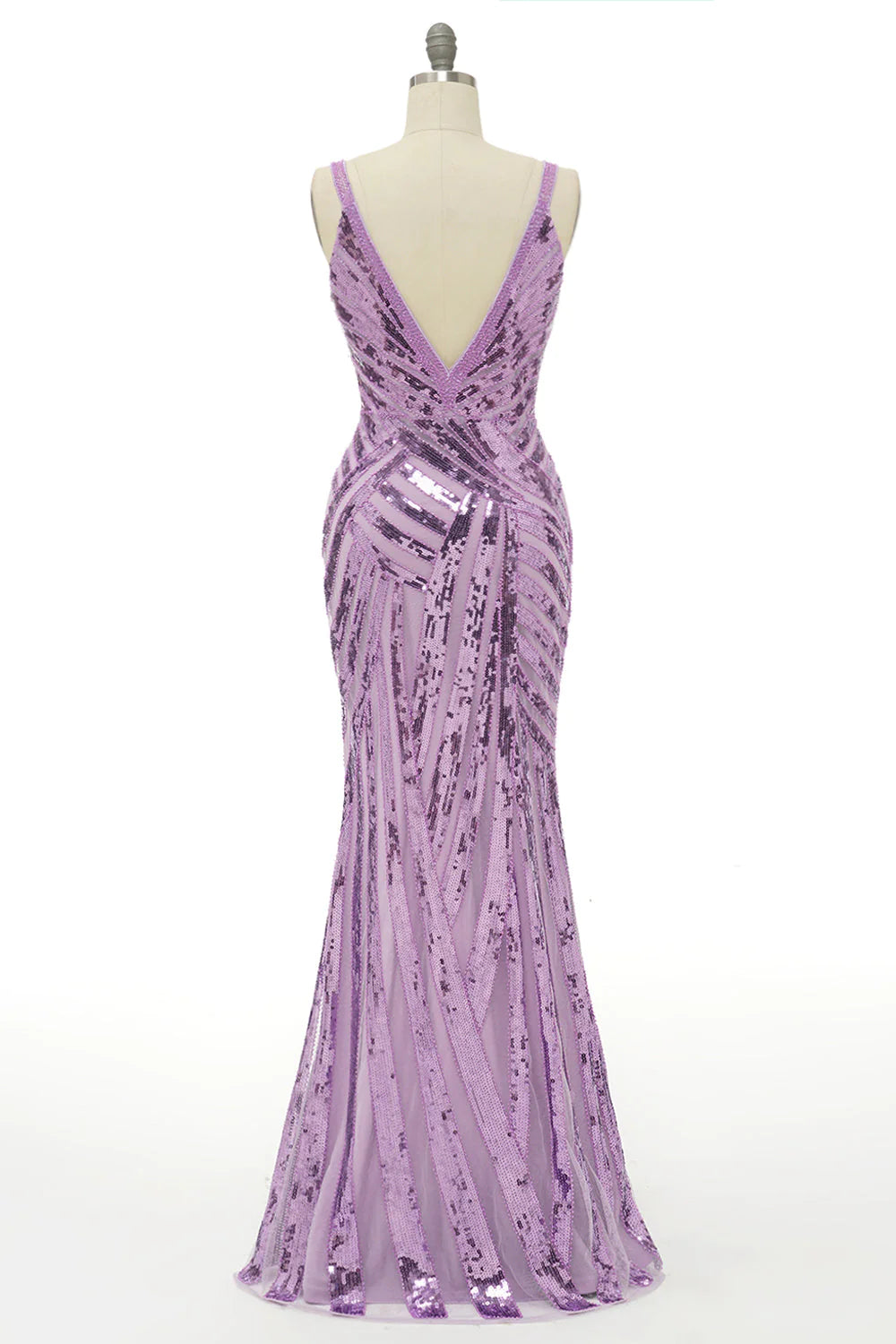 Rückenfreies, langes Ballkleid mit glitzernden lila Pailletten