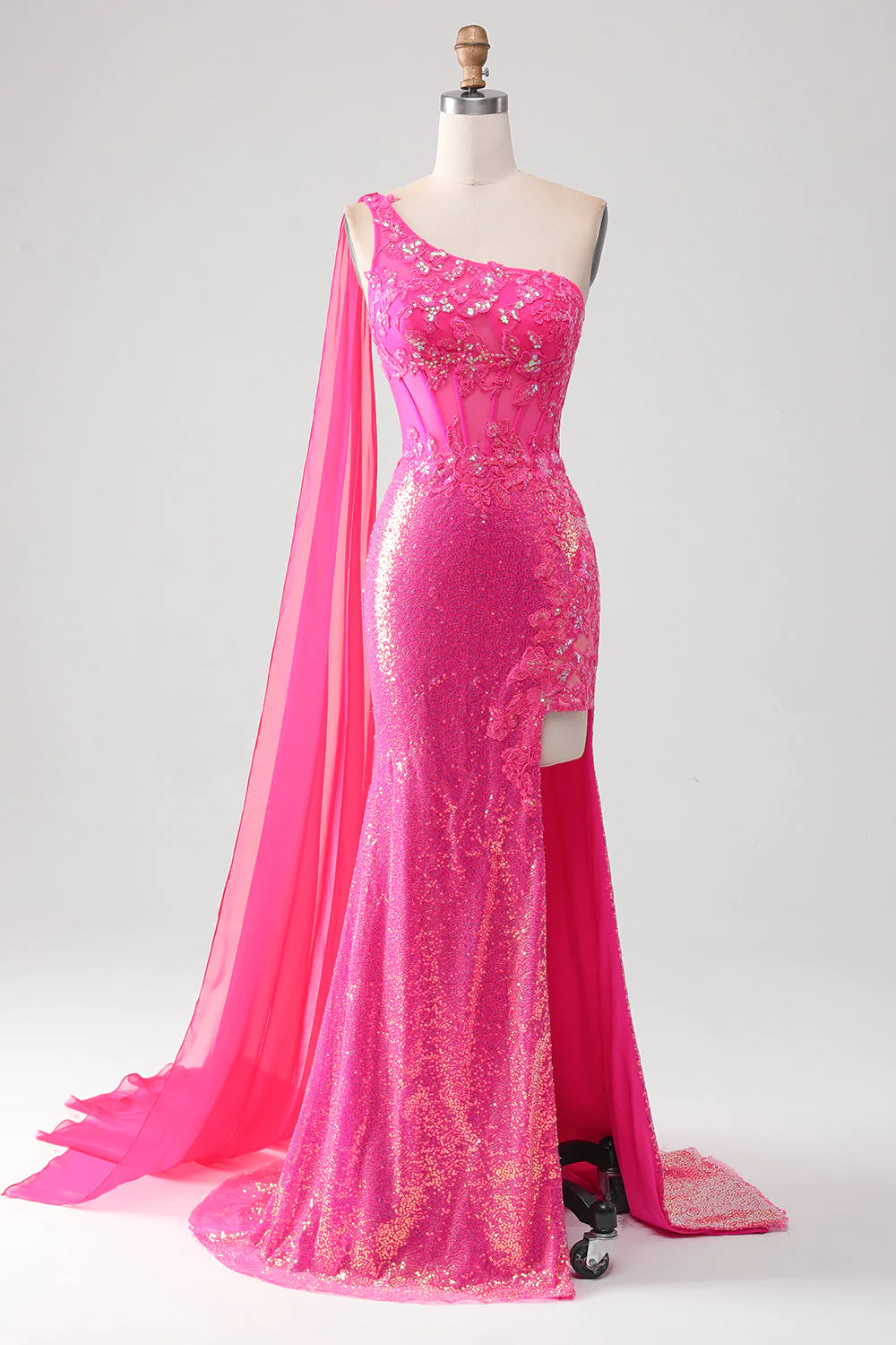 Glitzerndes Meerjungfrau-Ballkleid mit One-Shoulder-Träger und Applikationen in Fuchsia